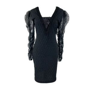 Nuance Vtg 80s Size 11 Sheer Sleeved Lace Up Beaded Fringe Goth Flapper Dress‎